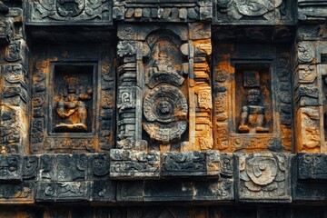Intricate Stone Carvings on an Ancient Mayan Temple Wall