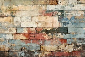 Weathered Brick Wall with Peeling Paint and Patches of Color