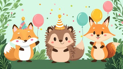 Obraz premium Three cheerful cartoon animals celebrating with balloons and party hats.