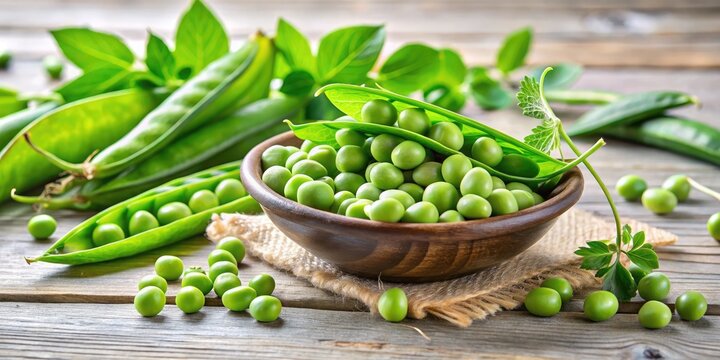 Vibrant green arvejas pods bursting with tender peas, elegantly displayed on a rustic wooden table against a soft, creamy white background, evoking warmth and freshness.