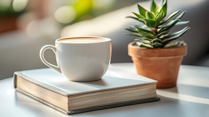 A cozy scene with a cup of coffee on an open book beside a potted plant.