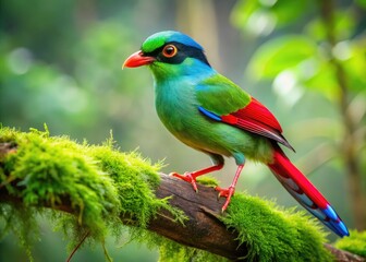 Fototapeta premium Vibrant green magpie bird perches on a moss-covered branch, its iridescent plumage glistening in the dappled forest light, against a soft, blurred foliage backdrop.