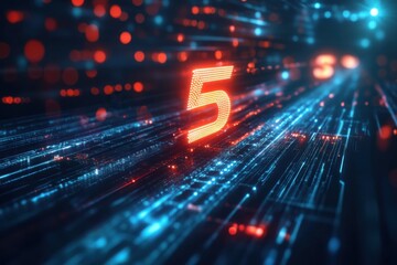 Obraz premium Futuristic digital number five in neon lights