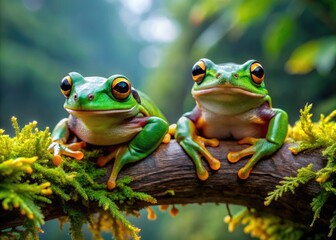 Naklejka premium Vibrant green Pacific tree frogs with golden eyes perch on moss-covered rocks and branches in a lush, misty forest ecosystem, showcasing their camouflage abilities.