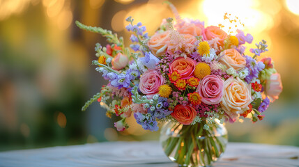 bouquet of multi colored flowers in a vase outside at wedding on sunset, with space  for text and copy