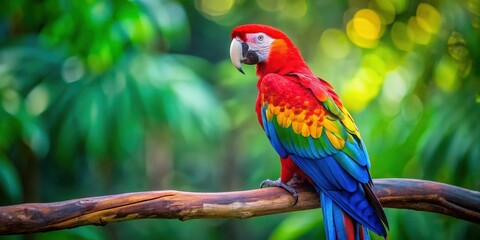 Obraz premium Vibrant and colorful macaw parrot perched on a branch, tropical, bird, feathers, exotic, wildlife, animal, vibrant, colorful