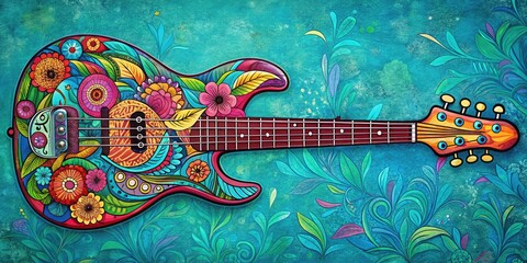 Naklejka premium Vibrant, hand-drawn illustration of a stylized bass guitar, adorned with colorful flowers and Paisley patterns, set against a bright blue background with subtle texture.