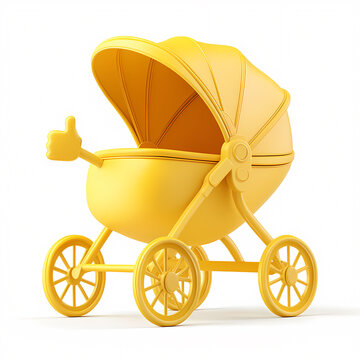 recommend clip art: Cute yellow baby stroller with thumbs-up gesture on white background