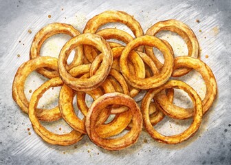 Vibrant, hand-drawn illustration of crispy golden onion rings in a circular pattern, surrounded by subtle shading and textures, evoking a sense of savory nostalgia.