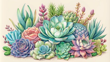 Obraz premium Vibrant, hand-drawn succulent arrangement featuring varied shapes and sizes, set against a soft, creamy background with subtle texture and delicate, whimsical linework.