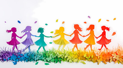 Children Holding Hands in Abstract Paper Cut Art Rainbow