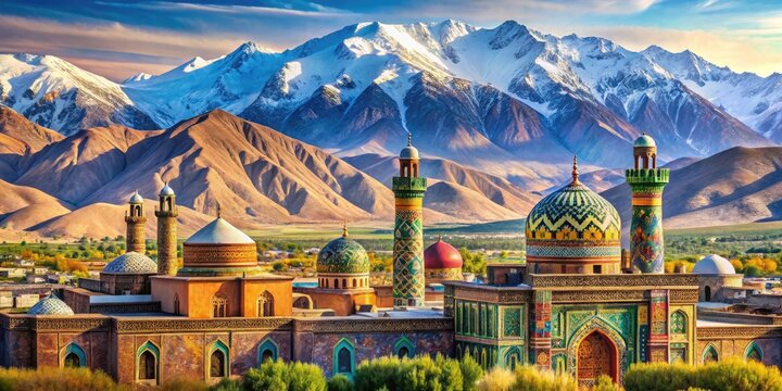 Vibrant illustration of Afghanistan's cultural landscape featuring intricate patterns, majestic minarets, and vibrant textiles, set against a backdrop of rolling desert hills 