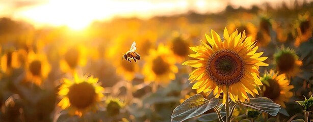 Fototapeta premium A vibrant sunflower field at sunset, with a bee hovering near a bloom, showcasing the beauty of nature and summer.