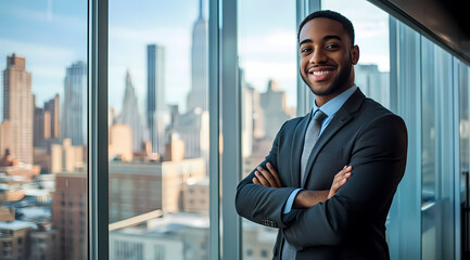 Fototapeta premium Confident young businessman smiles in modern office with city backdrop.