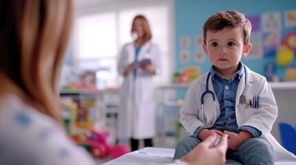 Obraz premium Pediatrician Caring for Curious Young Patient in Playful Medical Exam Room