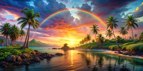 Vibrant illustration of a tropical Hawaiian island featuring lush greenery, swaying palm trees, and a majestic rainbow-colored sunset over a tranquil ocean landscape.