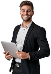 Portrait of young executive businessman happy smiling and standing posing holding using tablet computer, isolated on white background, png