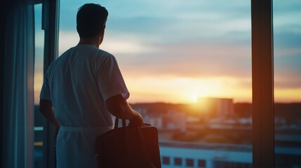 Fototapeta premium Silhouetted man gazing out city skyline window at sunset with contemplative mood