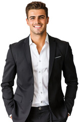 Fototapeta premium Portrait of young businessman smiling standing posing, isolated on white background, png