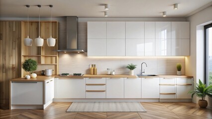 Modern kitchen interior with white cupboard and blank poster, modern, kitchen, interior, cupboard, empty, poster, minimalist