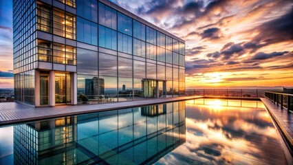 Fototapeta premium High-rise glass building with rooftop pool reflecting the dusk sky , skyscraper, modern architecture, urban, cityscape