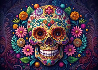 Vibrant, intricate illustration of a sugar skull adorned with colorful flowers, ornate filigree, and swirling patterns, set against a dark, gradient background with subtle texture.