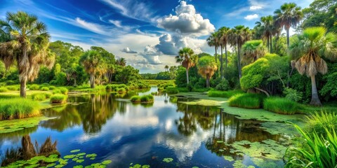 Lush green wetlands in Florida with diverse plant and animal life, Florida, wetland, ecosystem, wildlife, conservation