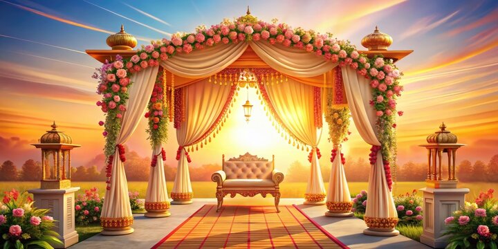 Vibrant, intricate illustration of a traditional Indian wedding mandap, adorned with flowers, drapes, and ornate pillars, set against a warm, sunny background with subtle texture.