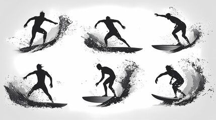Obraz premium Dynamic silhouettes of male surfers riding waves with splashes of water.