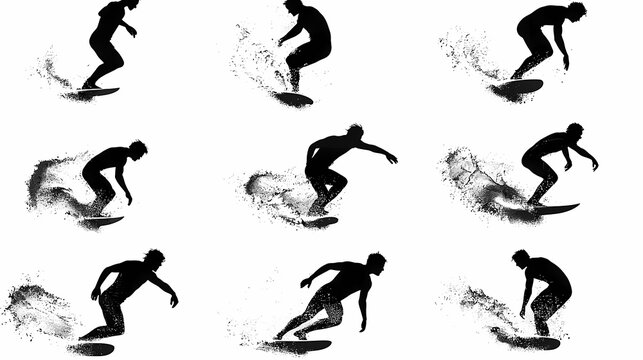 Dynamic silhouette of a male surfer showcasing various surfing maneuvers.