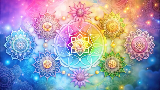 Vibrant, intricately designed chakra symbols in soft pastel hues, arranged in a harmonious composition, evoking balance, spirituality, and inner peace.