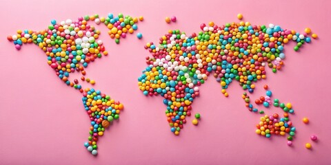 Fototapeta premium Colorful candy world map on pastel pink background flat lay, world map, candies, colorful, sweet, pastel pink, background
