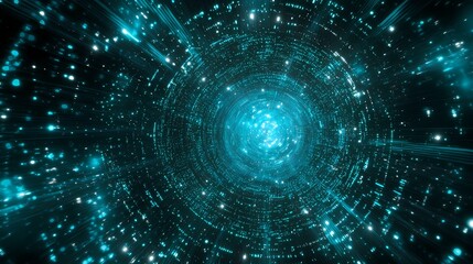 Naklejka premium Futuristic tunnel of blue light beams and particles swirling in a cosmic expanse.