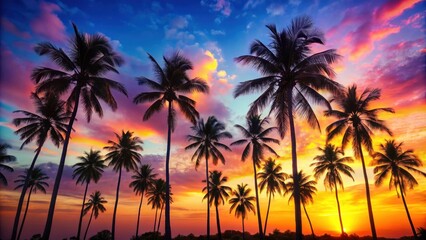 Crowns of palm trees silhouetted against a colorful sky , palm trees, crowns, silhouette, sky, nature, tropical, vacation