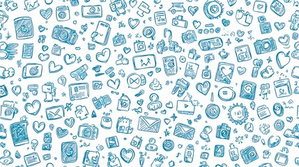 Colorful doodles of photography and social media icons on a light backdrop.