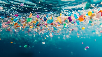 colorful microplastic particles in sea water  environmental pollution concept