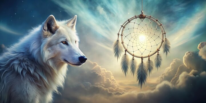 Mystical wolf dreamcatcher exuding a surreal serenity , wolf, dreamcatcher, mystical, aura, surreal, serenity