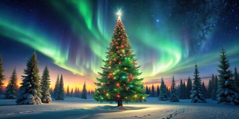 Naklejka premium Towering Christmas tree in the forest illuminated by Northern Lights above, Christmas tree, forest, Northern Lights