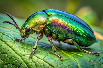 Naklejka premium Vibrant, large green iridescent beetle perches on a leaf, its mesmerizing elytra shimmering with hues of emerald and silver in the warm, natural light.