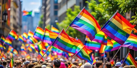 Colorful LGBTQ pride flags waving in the wind at a festive parade, Pride, month, celebration, rainbow, community, equality