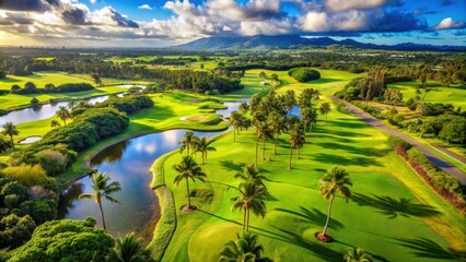 Aerial view of a lush Hawaii golf course country club, Hawaii, golf course, country club, aerial, green, scenic