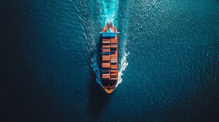 Aerial view of a cargo ship navigating through deep blue waters.