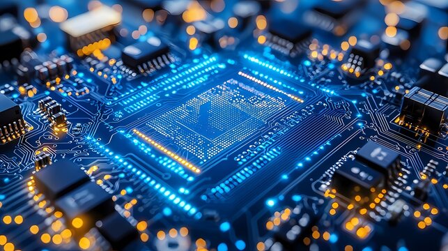 Macro view of a blue circuit board with bright glowing components.