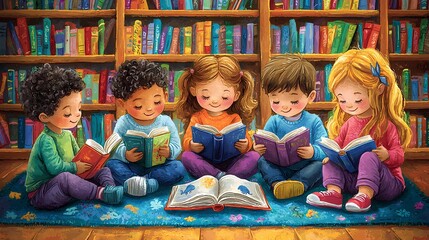 Fototapeta premium Five children enjoying storytime in a colorful library setting.