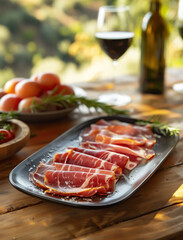 Traditional Jamon Iberico on wooden plate with rustic elements, Spanish cuisine close up