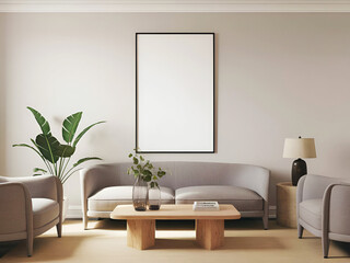 minimalist modern modern living room with blank white poster frame on wall.. 3d render.