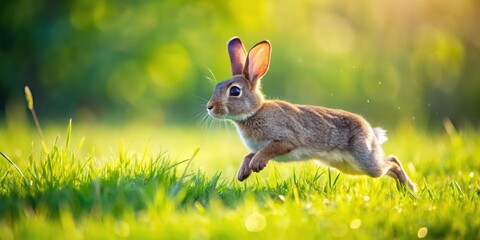 Cute European rabbit hopping in a green grassy meadow on a sunny day, rabbit, European, cute, grass, meadow, sunny, day, hopping