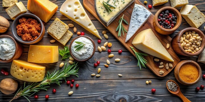 Assorted cheeses and spices displayed for National Cheese Day celebration , National Cheese Day, assorted cheeses, spices, gourmet - Powered by Adobe