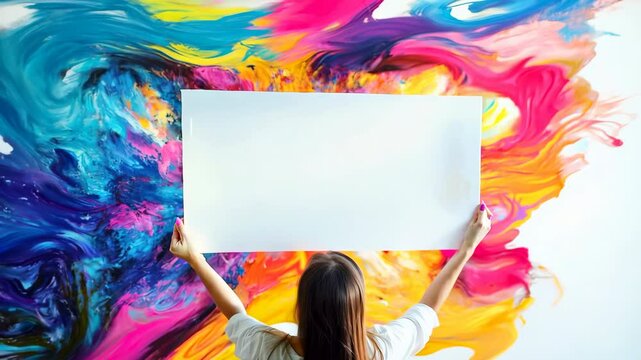 A woman holds a blank canvas in front of a vibrant, colorful wall, showcasing creativity and artistic expression.