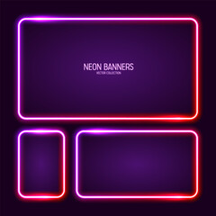 Glowing neon banners, illuminated colorful square frames. Shiny vibrant border, glow effect. Purple vintage retro lights, night illumination. Modern futuristic UI design elements. Vector illustration